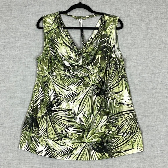 Pennington Sleeveless Top Drapped Collar Green Palm Branches Sz X - Picture 1 of 10